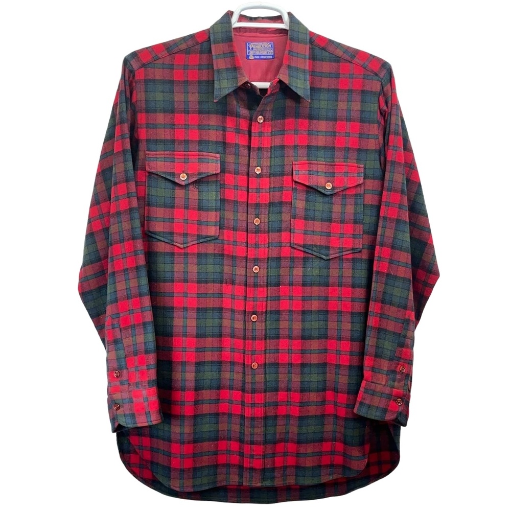 Vintage Pendleton Men's Red Green Plaid Virgin Wool Flannel Shirt Size 16-1/2‎